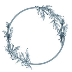 Watercolor monochrome gray round frame of abstract plant patterns and branches with leaves for borders, frames, background, textiles, fabrics, cards, stickers, scrapbooking, invitations, greetings