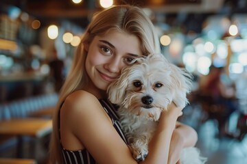 Portrait of beautiful young woman holding her dog in hands. Cute white dog in arms of loving owner. With dog in coffe shop