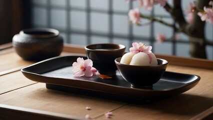 Cherry blossom and sweet rice cake on wooden tray