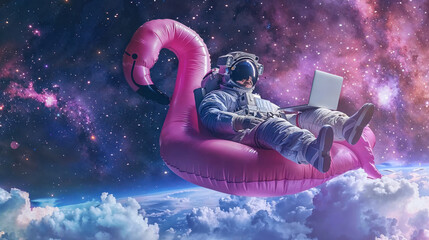A space explorer on a pink flamingo float works on a laptop amidst a stellar landscape with nebulas and stars