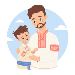 Obraz premium Happy Ukrainian bearded man father with son in traditional clothes embroidered vyshyvanka. Festive nation character family. Vector illustration for design festive themes, father's day