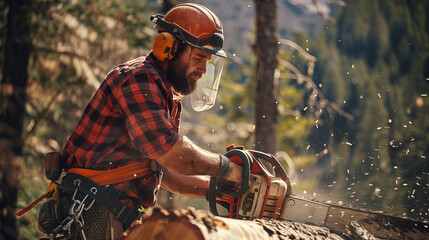 A lumberjack with security equipment cutting a tree