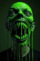 A Chiaroscuro Portrait of a Zombie Monster with Green Slime Dripping from its Face.
