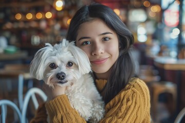 Portrait of beautiful young mexican american woman holding her dog in hands. Cute white dog in arms of loving owner. With dog in coffe shop.