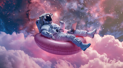 An astronaut in a spacesuit lies on an inflatable ring, using a laptop with a cosmic nebula in the background showcasing surreal digital art - obrazy, fototapety, plakaty