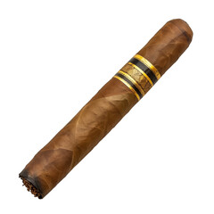 A cigar is shown in its wrapper, with a brown wrapper and a gold stripe - obrazy, fototapety, plakaty