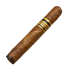 Foto auf Leinwand A cigar is shown in its wrapper, with a brown wrapper and a gold stripe © Sascha