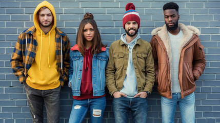 Obraz premium Trendy friends posing in stylish winter attire.