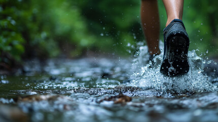 Shoe splashing in water on a forest trail.