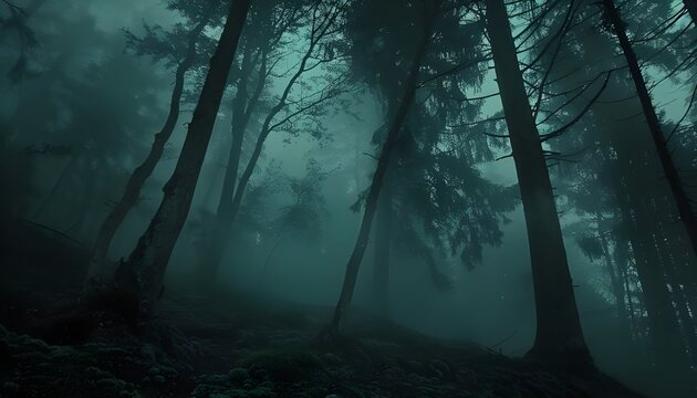 Fog in the old forest. Dark scenery with misty forest