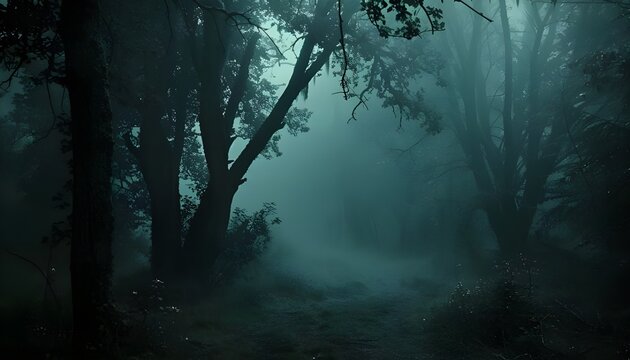 Fog in the old forest. Dark scenery with misty forest
