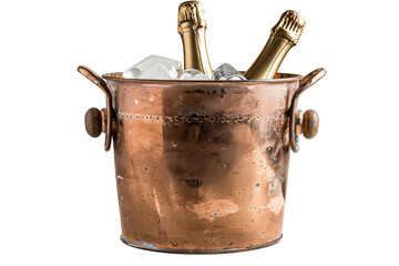 A copper bucket with ice and two champagne bottles