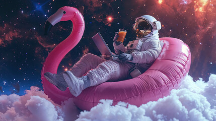 An astronaut in a spacesuit enjoys a break floating on a pink flamingo inflatable in a cosmic setting with stars - obrazy, fototapety, plakaty