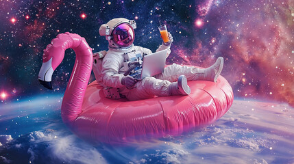 An astronaut relaxes with a drink, floating on a flamingo inflatable in a colorful outer space setting with stars - obrazy, fototapety, plakaty