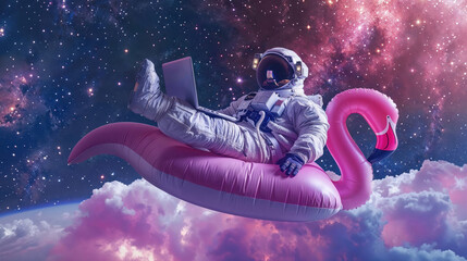Obraz na płótnie Canvas An astronaut kicks back on a pink flamingo while engaging with a digital tablet in a galactic space scene
