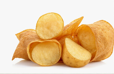 Potato in the sack and Potato chips, cut out on white background