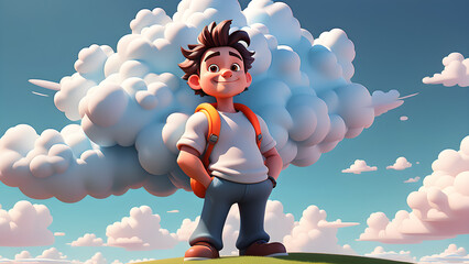 Animated boy with backpack standing on grassy hill under blue sky with fluffy clouds.