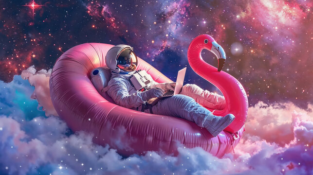 A whimsical portrayal of an astronaut enjoying leisure time on a pink flamingo float amidst the stunning cosmos backdrop