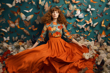 Fototapeta premium A Model in a floral dress surrounded by a flurry of butterflies in a surreal setting