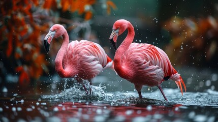 Flamingos in water with autumn leaves