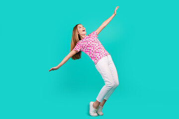 Full body photo of nice teen woman falling back spread hands wear trendy print pink clothes...