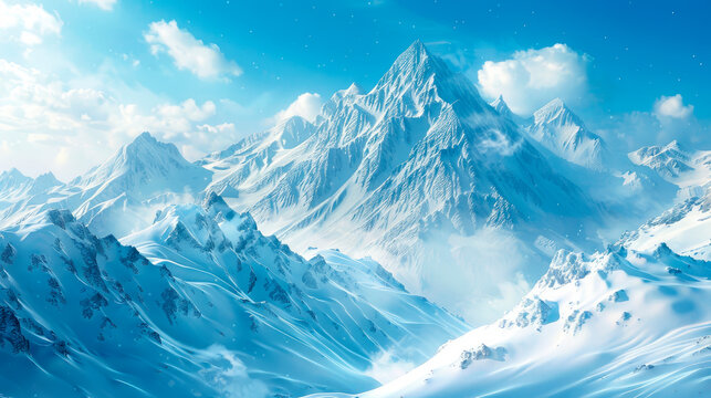 Beautiful panorama of snowy mountain peaks in white-blue tones
