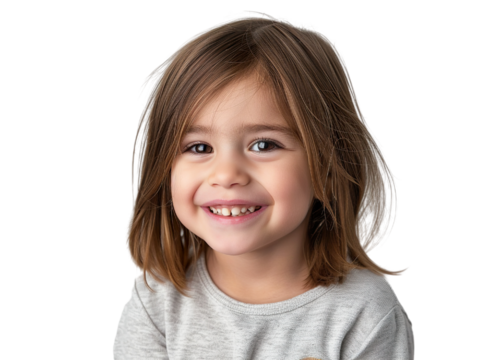 a hyper realistic image of a 4-5 year old caucasian girl, smiling, straight hair, shoulder level hairstyle, white background PNG
