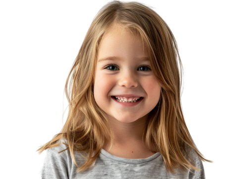 a hyper realistic image of a 4-5 year old caucasian girl, smiling, straight hair, shoulder level hairstyle, white background PNG