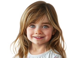 a hyper realistic image of a 4-5 year old caucasian girl, smiling, straight hair, shoulder level hairstyle, white background PNG