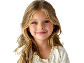 a hyper realistic image of a 4-5 year old caucasian girl, smiling, straight hair, shoulder level hairstyle, white background PNG