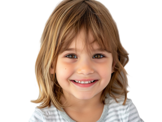 a hyper realistic image of a 4-5 year old caucasian girl, smiling, straight hair, shoulder level hairstyle, white background PNG