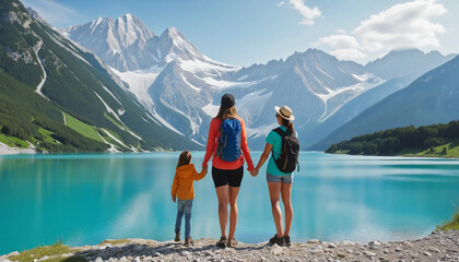 happiness family dad mom kid together traveller standing against stunning landscape view of snow mountain and lake background  - obrazy, fototapety, plakaty