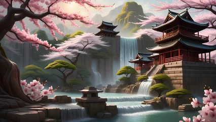 Raamstickers Tranquil Asian landscape with cherry blossoms, traditional pagoda, serene waterfall, and misty mountains. © Creative Mind 