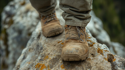 Hiker's boots on a rugged mountain edge.