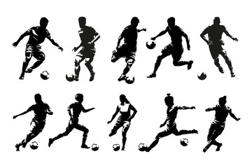 Soccer, football, group of men and women playing football, set of isolated vector silhouettes, team sport athletes - obrazy, fototapety, plakaty