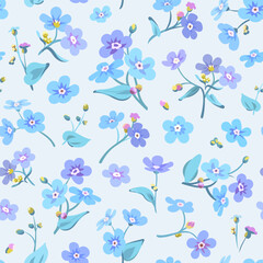 Seamless pattern with flowers - Myosotis isolated on a light background. Hand-drawn illustrations of wildflowers. Forget-me-not flower.

