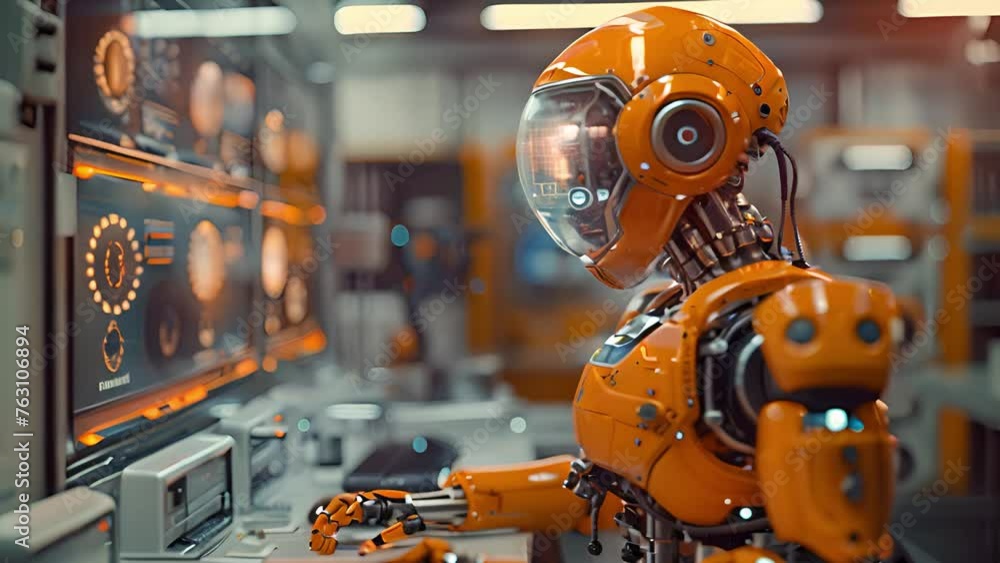 Poster robotic assistance: animated robot performing tasks. futuristic workmate: robot animation in action.