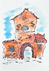 City sketch created with liner and watercolors. Color illustration on watercolor paper - 763107287