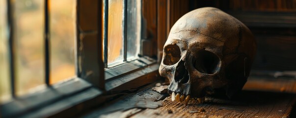 Human skull on a wooden window sill - obrazy, fototapety, plakaty