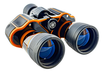 Vintage weathered binoculars with leather detailing on transparent background - stock png.