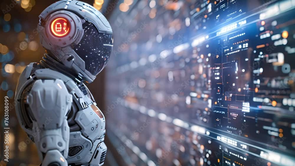 Poster digital interaction: robot manipulates holographic control panel.