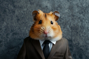 Portrait of a Hamster in a Formal Business Suit Against a Grey Background