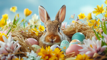 Brown rabbit nestled in straw, surrounded by colorful Easter eggs and vibrant spring flowers, under a bright blue sky.