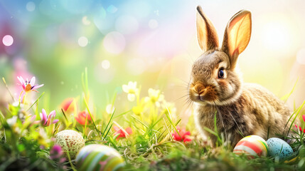 Fototapeta na wymiar Brown rabbit amidst colorful Easter eggs on vibrant green grass, surrounded by blooming flowers under the soft glow of sunlight, capturing the essence of spring and Easter celebrations.