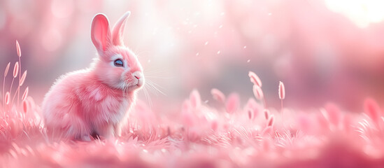 Baby bunny nestled in a magical pink field, surrounded by delicate flowers, creating an enchanting scene.