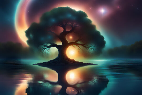 Solitude tree in the middle of water with mirror reflection tree of life with bright sun light through branches. Cosmic sky with stars, Milky way and the new moon. Magic tree universes