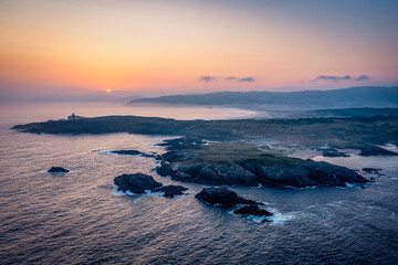 Naklejka premium Aerial View Over Faro de Punta Frouxeira, Valdoviño, Galicia, Province of A Coruña, Spain