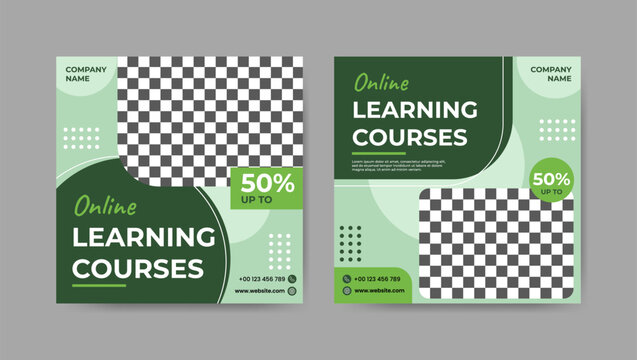 Collection of green geometric digital study, online learning courses social media post templates. Square banner design background.