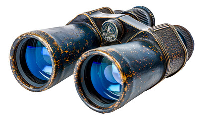 Vintage weathered binoculars with leather detailing on transparent background - stock png.