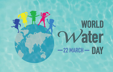  World Water day. Global kids. Group of boys and girls on globe with Water background